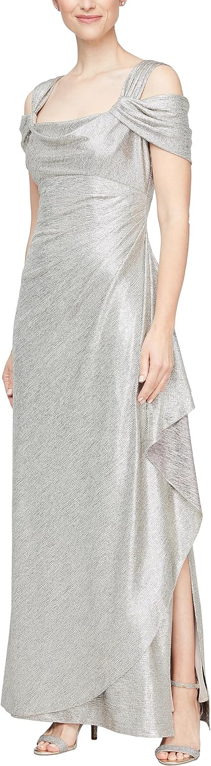 Women's Long Cold Shoulder Dress, Mother of The Bride, Formal Events, (Petite and Regular Sizes)